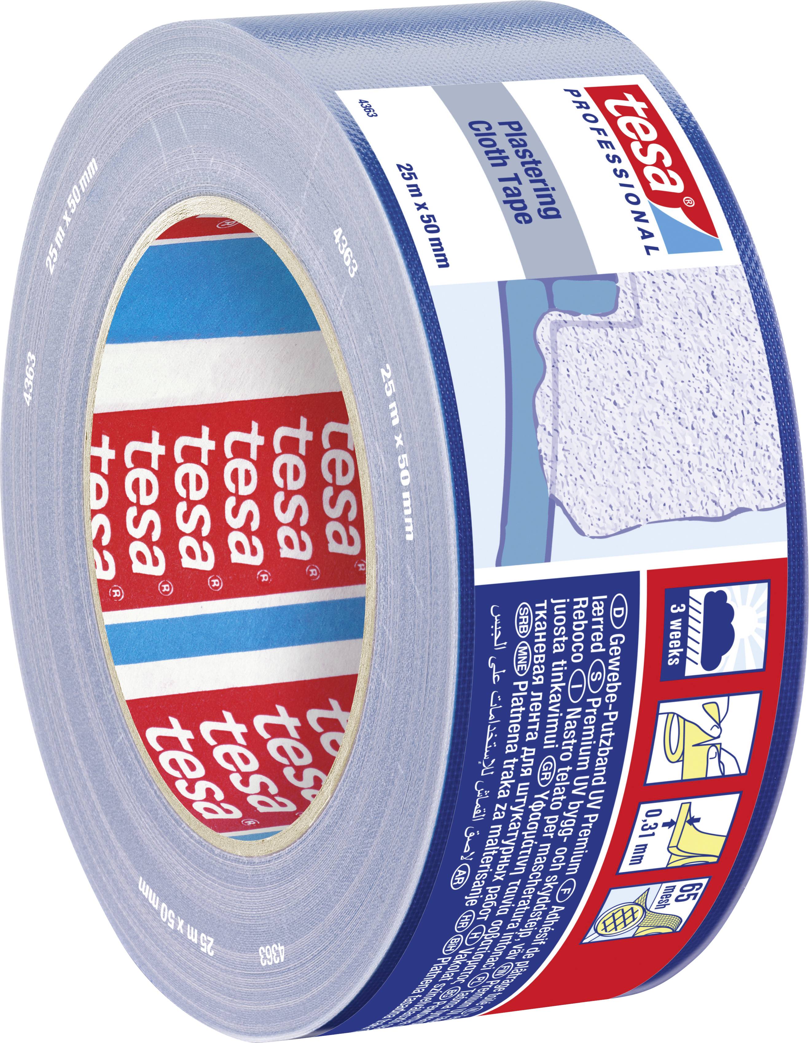 Role lepicí pásky tesa, profesionální omítkové pásky, 25 m x 50 mm, modročervený a bílý štítek s produktovými informacemi.