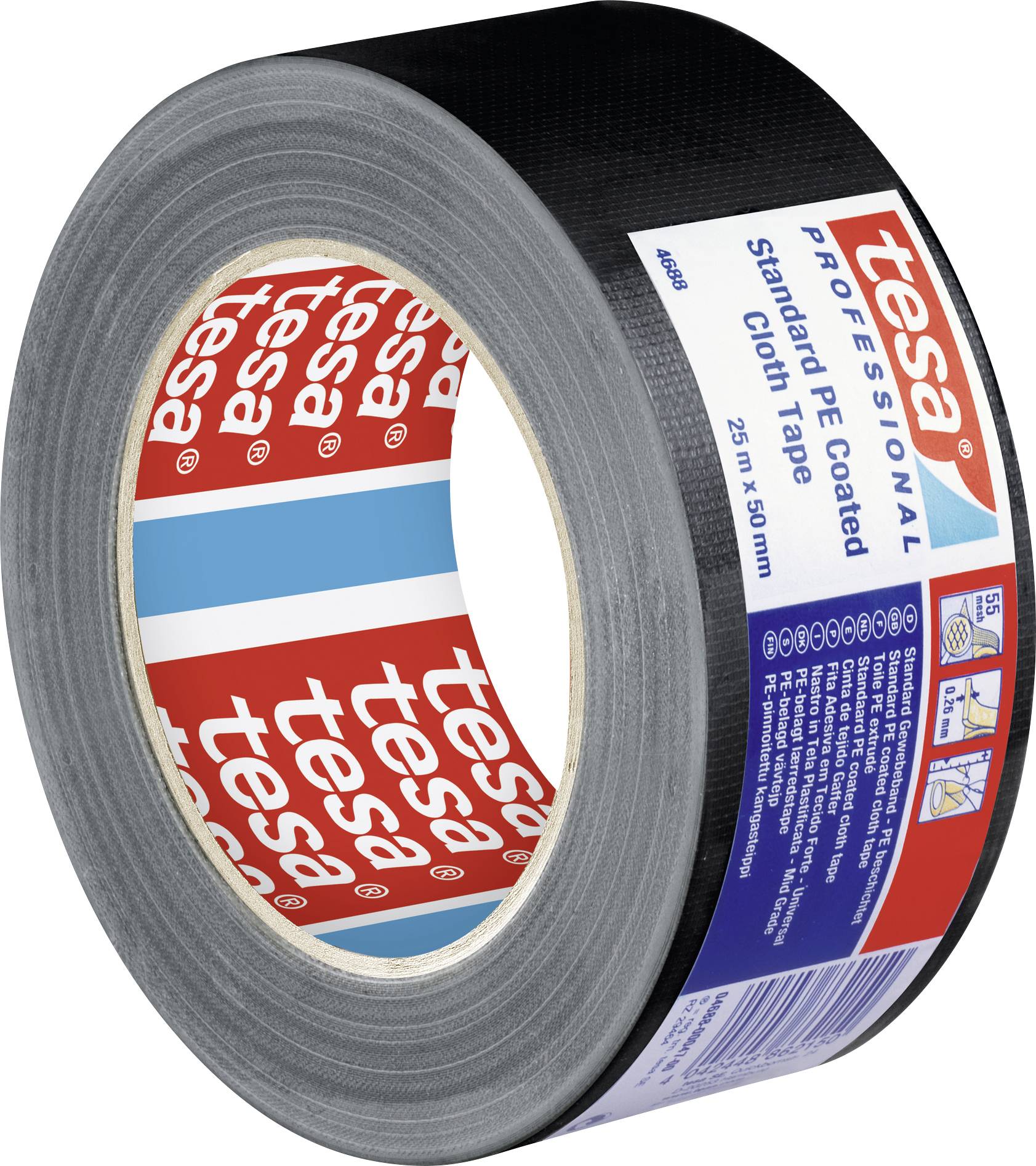 Černá role textilní lepicí pásky Tesa, 25 m x 50 mm, v modro-červeném obalu. Vhodná pro různé lepicí aplikace.