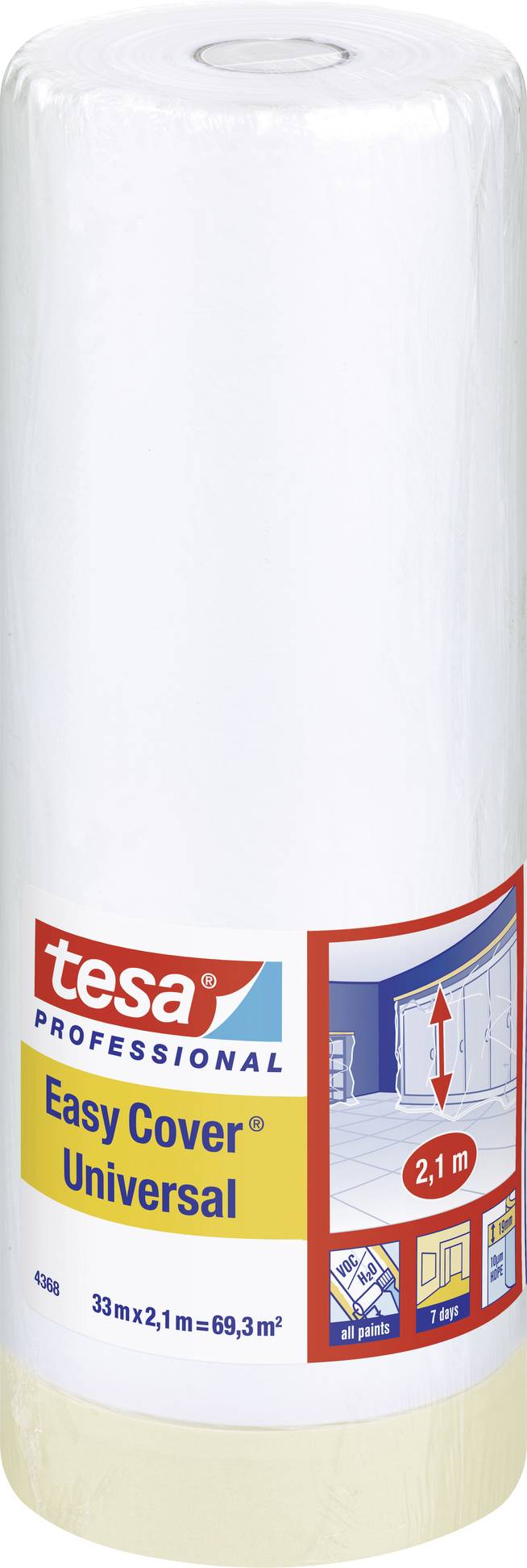 Role Tesa Easy Cover Universal, 2,1 m x 33 m, pro zakrývání při malování, s integrovanou páskou pro snadné upevnění.