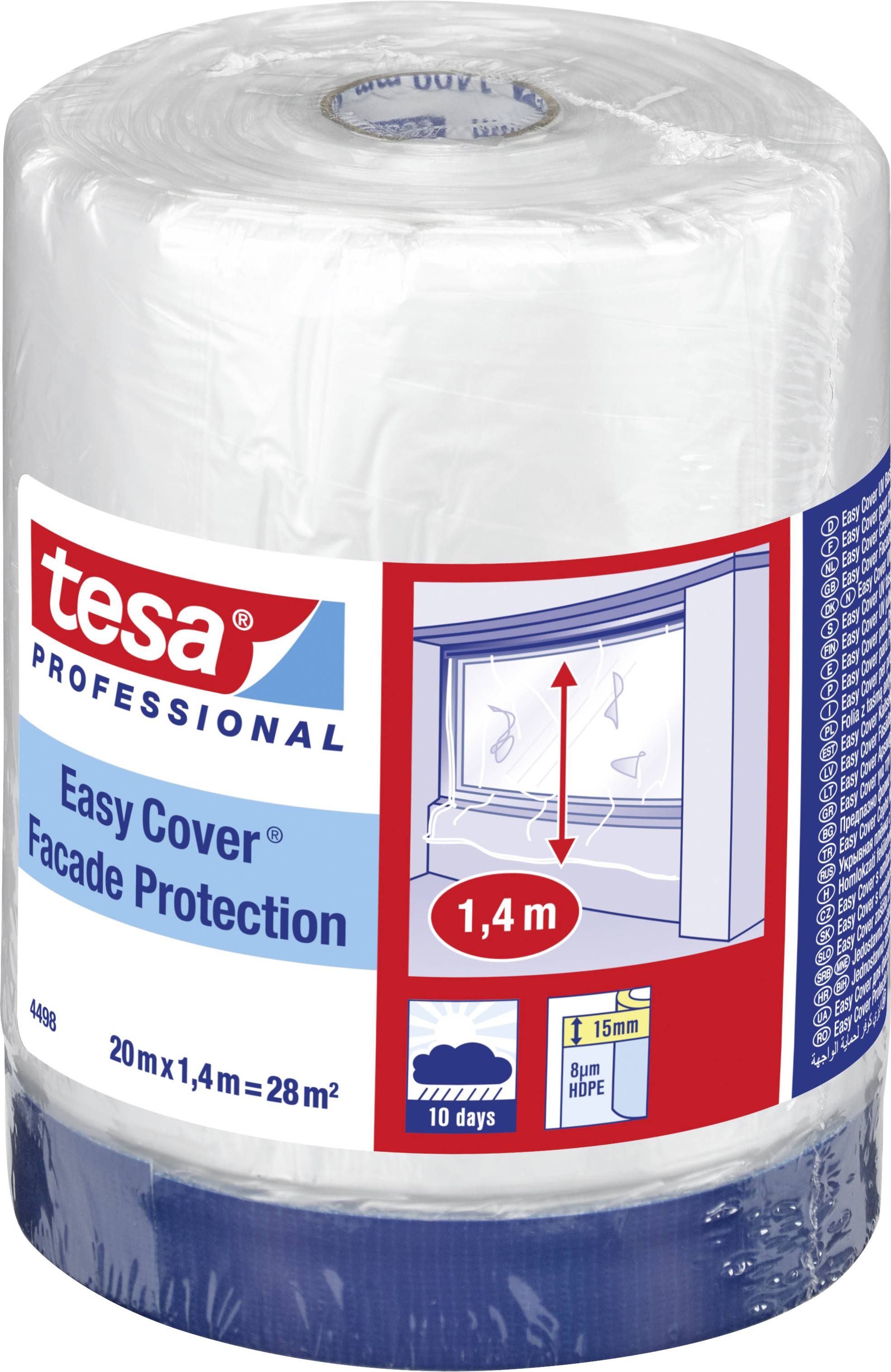 Produktová obálka 'tesa Easy Cover Facade Protection', zobrazující použití na fasádě, rozměry: 20m x 1,4m.