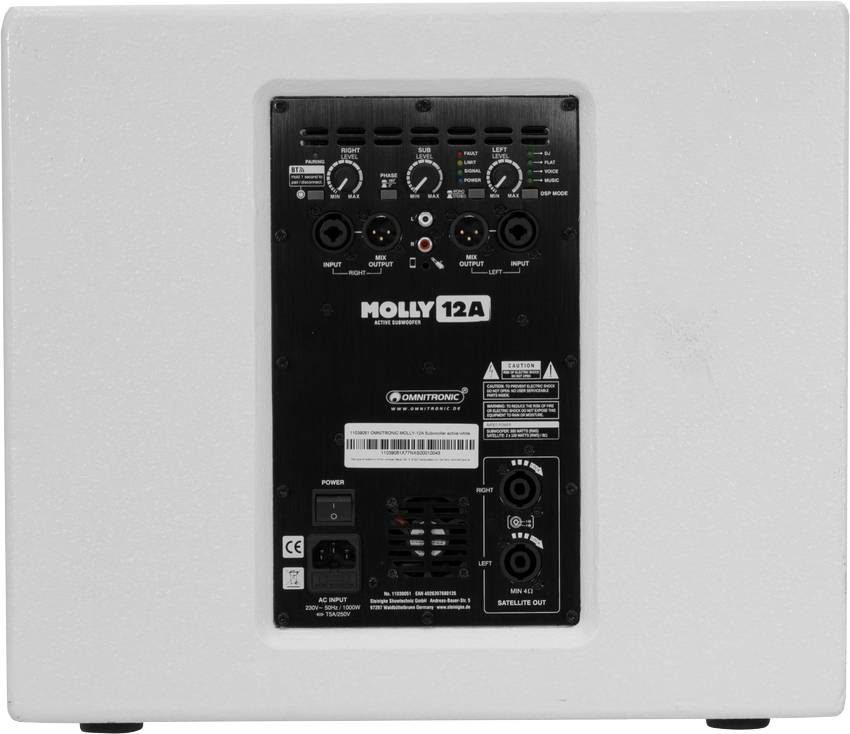 Zadní strana reproduktoru s různými vstupy a ovládacími prvky, model 'Molly 12A' od společnosti Omnitronic.