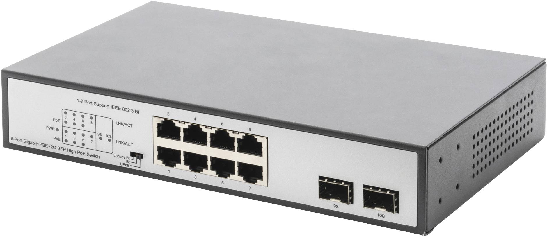 Síťový switch s osmi ethernetovými porty a dvěma dodatečnými SFP porty na přední straně, vhodný pro IT infrastrukturu.