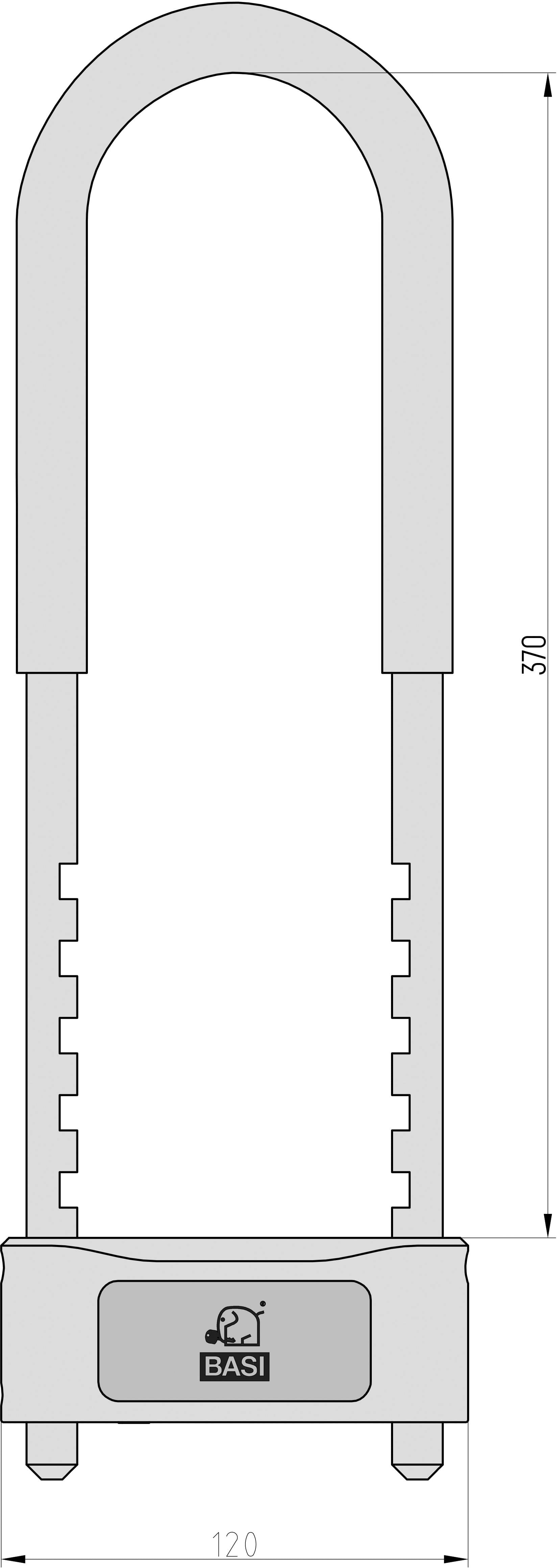 Visací zámek 'BASI', tvarovaný třmen, s rozměry: výška 370 mm, šířka 120 mm. Jednoduché designové provedení, šedé barvy.