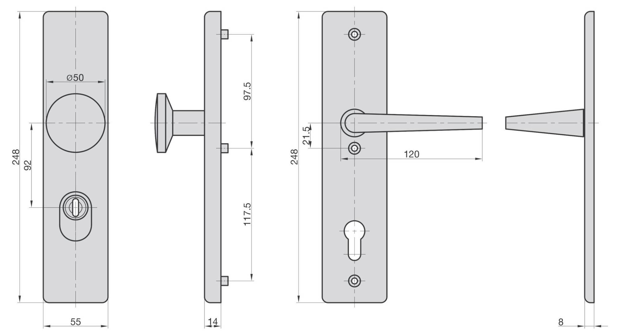 'Technický výkres sady kování na dveře.' Pohled zepředu, zboku a shora s rozměry; výška 97,5 mm, šířka 55 mm, tloušťka 8 mm.