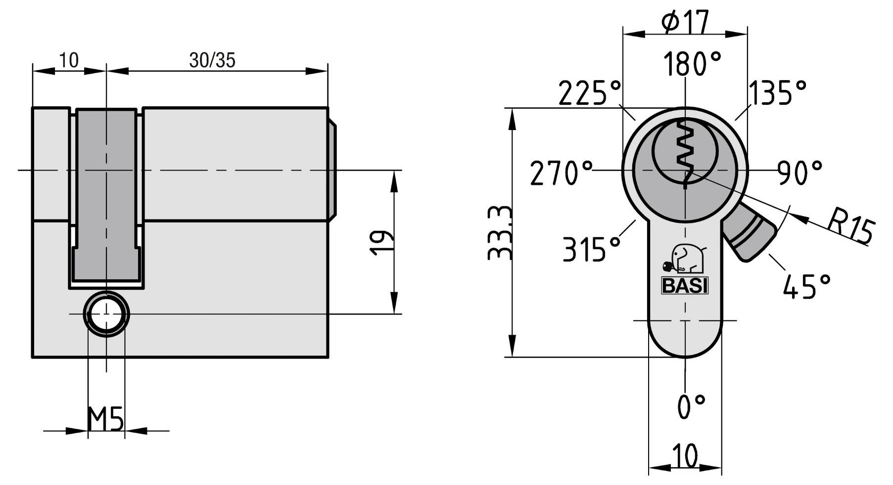 Technický diagram zámku válce s rozměry: výška 30/35, šířka 19, závit M5. Zobrazuje úhly otáčení klíče a logo BASI.