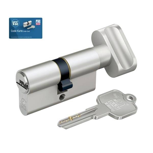 Válcový zámek s klíčem a kódovou kartou, bezpečnostní prvek viditelný, na klíči vytištěn název značky "BASI".