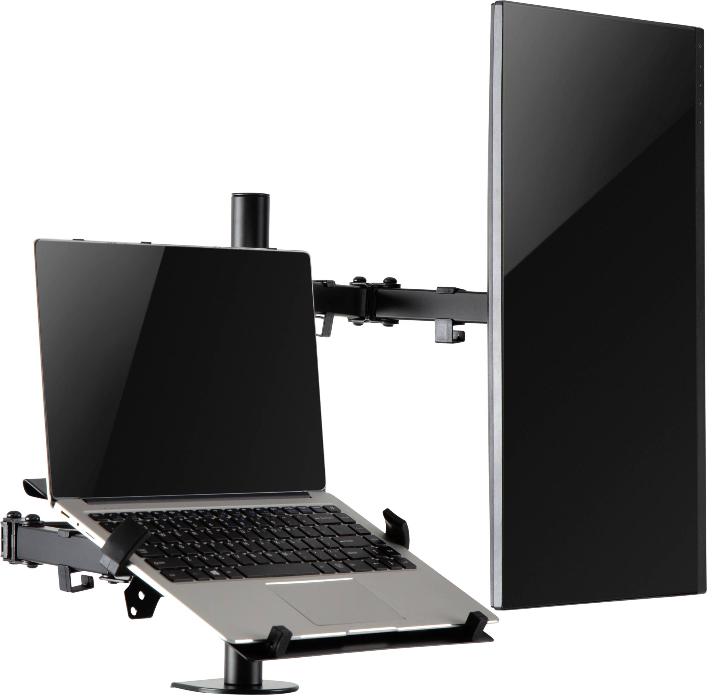 Laptop a plochý monitor jsou upevněny vedle sebe na nastavitelném držáku ramene.