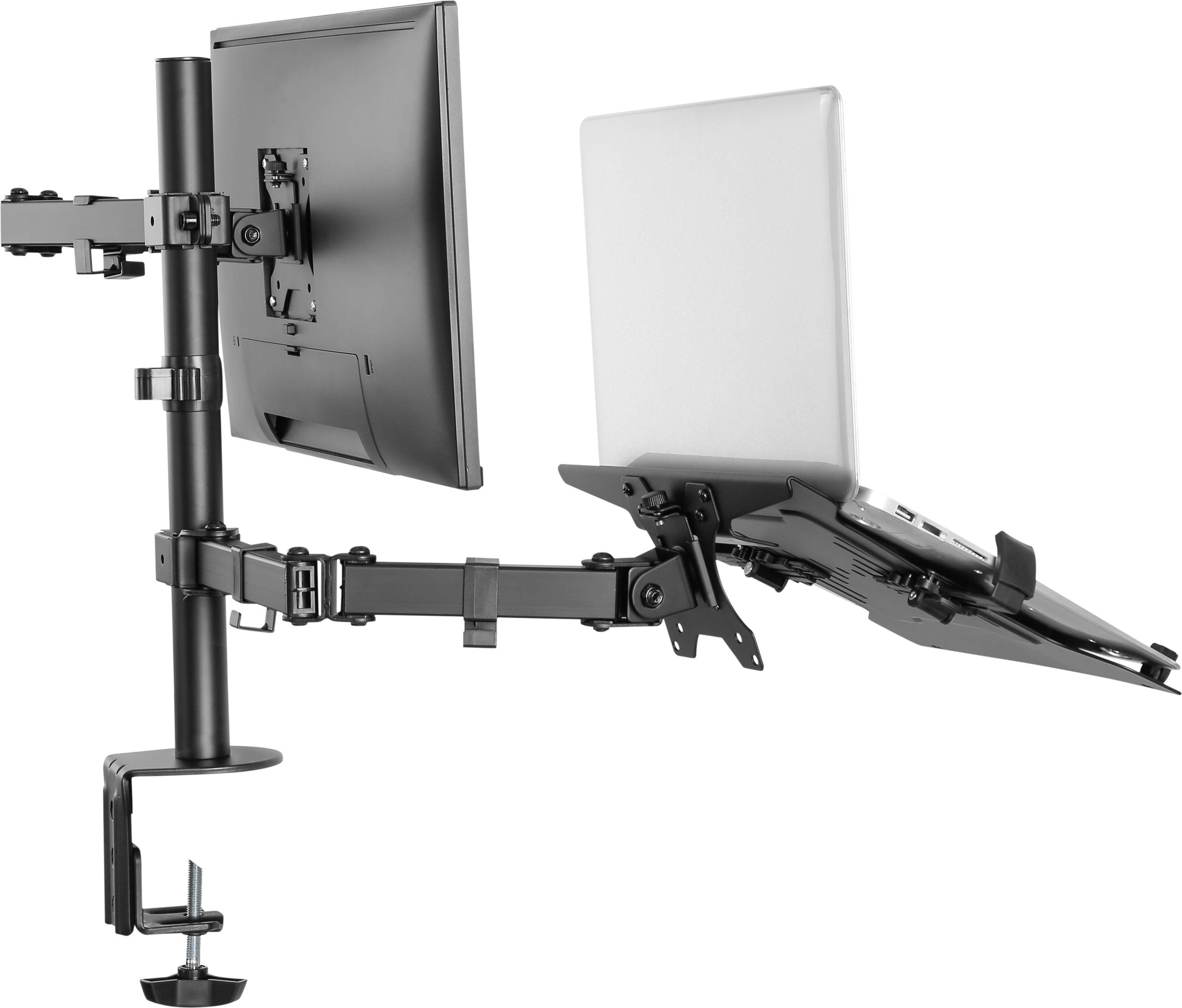 Černý duální monitor arm drží monitor a laptop ve flexibilní pracovní poloze, upevněný na stole.