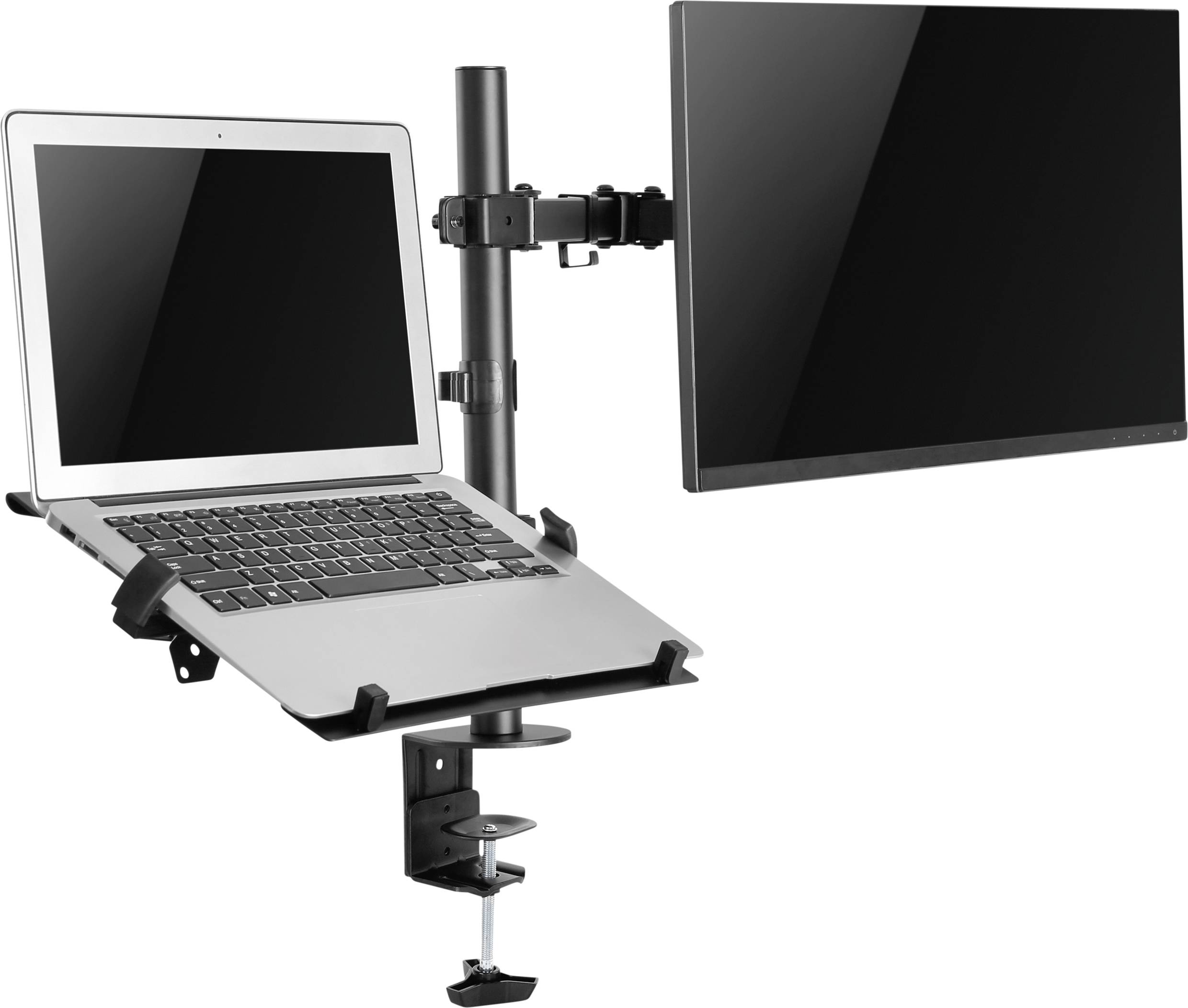 Laptop a monitor upevněné na dvojitém držáku na stole vytvářejí ergonomické pracovní místo.