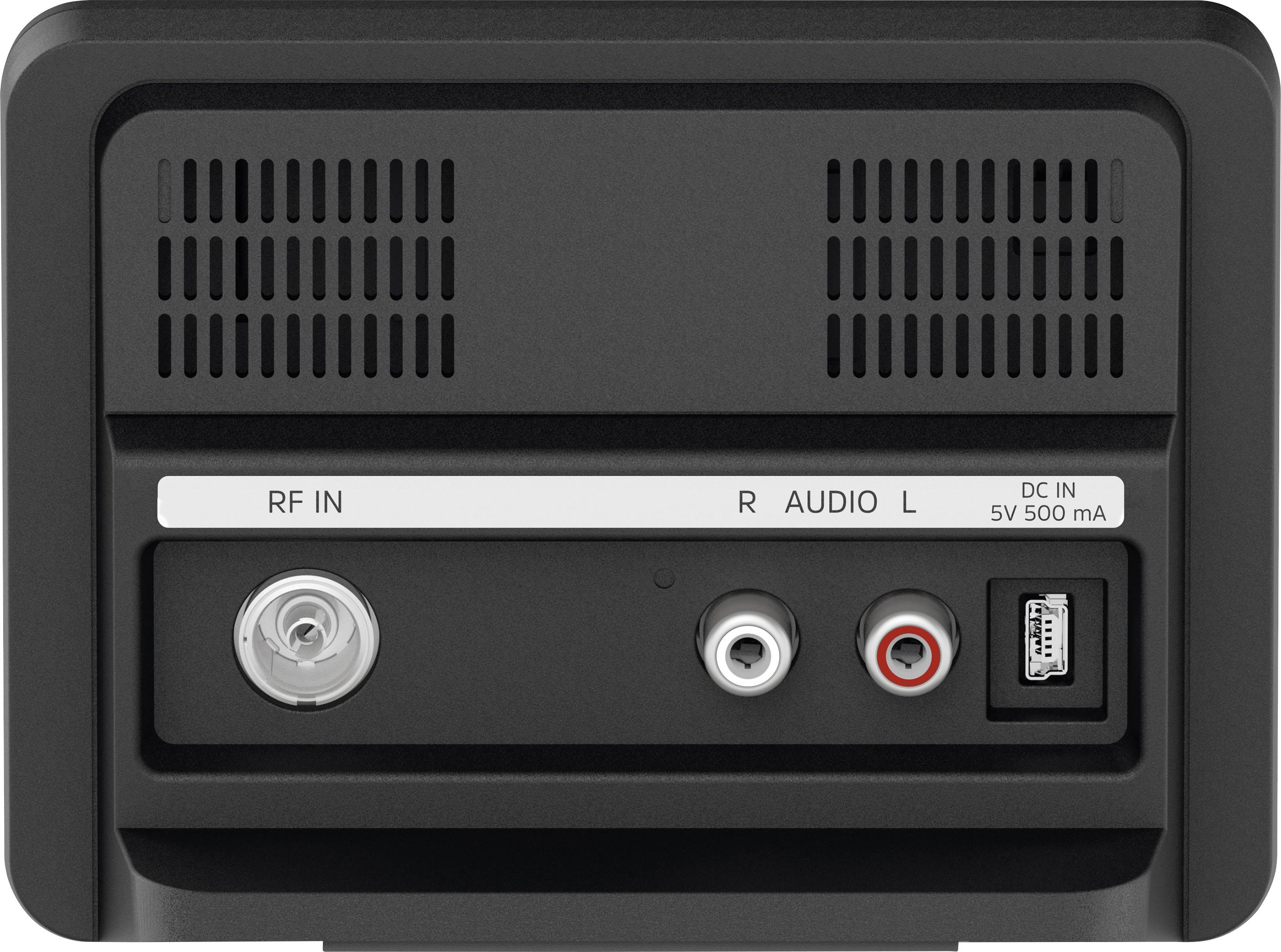 Zadní strana elektronického zařízení s přípojkami: RF vstup, zvukové vstupy (pravý a levý) a napájecí konektor (5V 500mA).