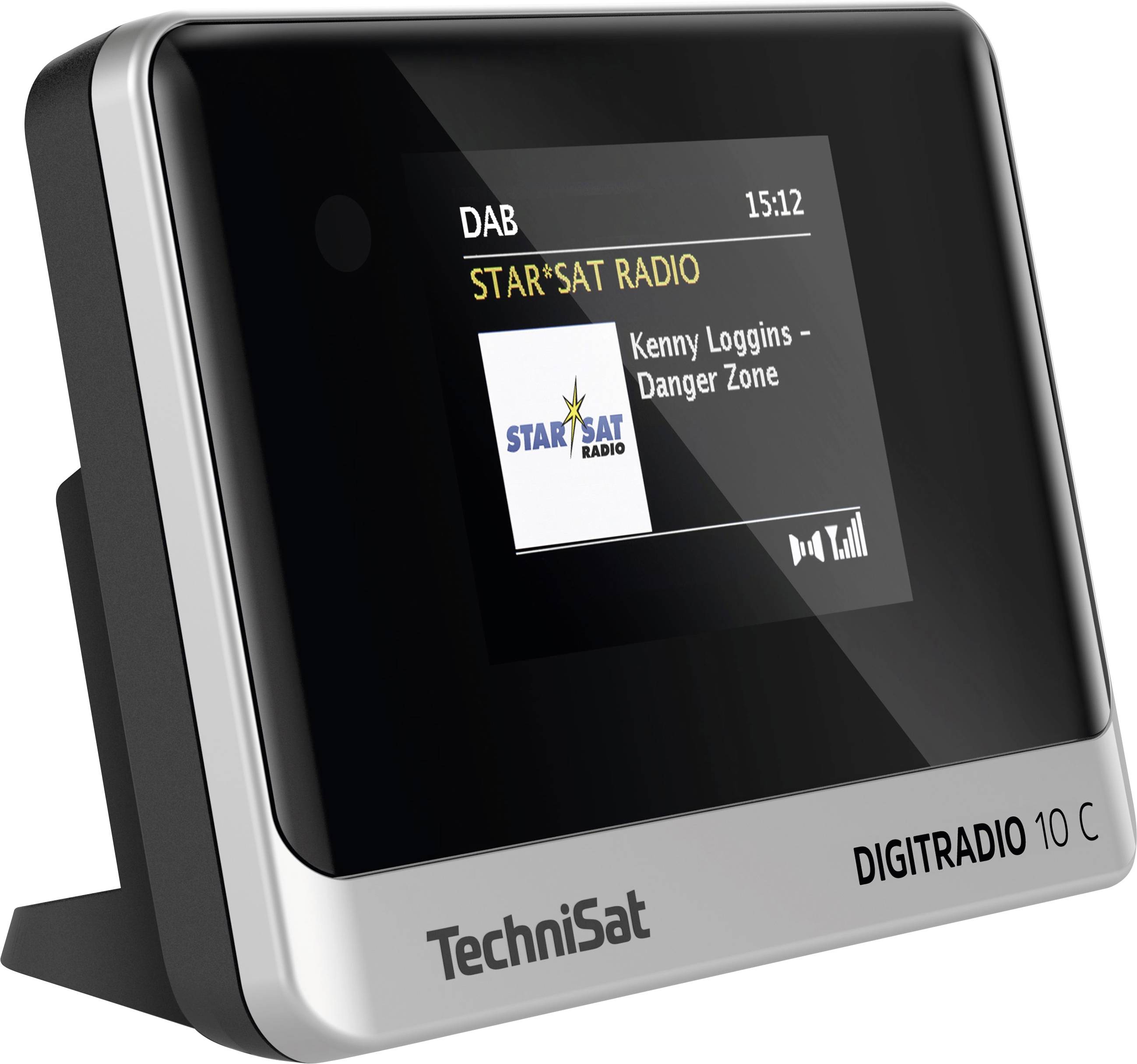 Digitální rádio s displejem, zobrazuje 'STAR*SAT RADIO', skladba: 'Kenny Loggins - Danger Zone'. Označení: TechniSat DIGITRADIO 10 C.