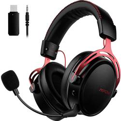 Mipow herní headset bez kabelu, na kabel přes uši, jack 3,5 mm, s USB, bezdrátový 2,4 GHz, černá, červená