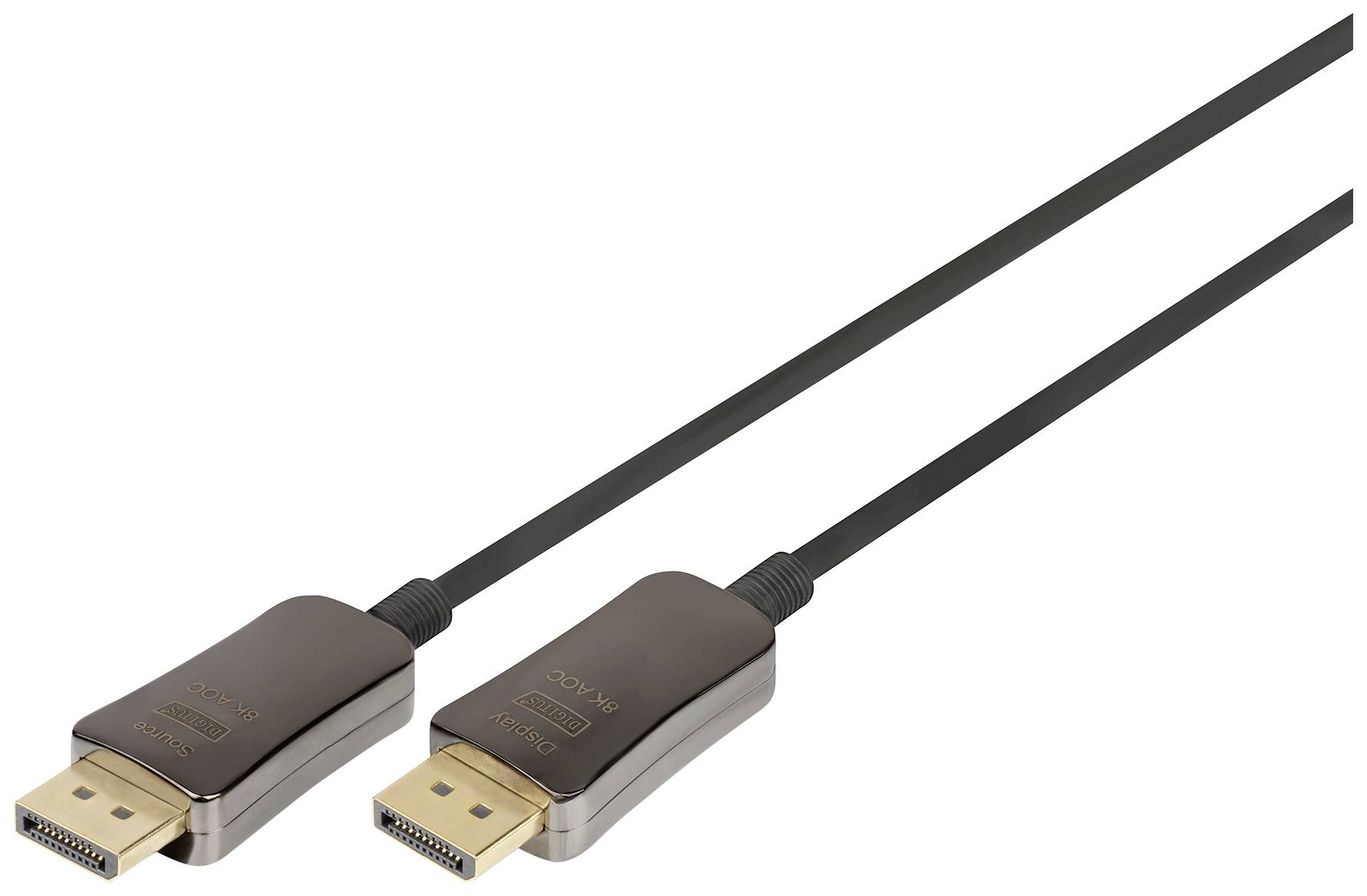 Dva černé DisplayPort kabely se zlatými konektory, vhodné pro 8K video přenos.