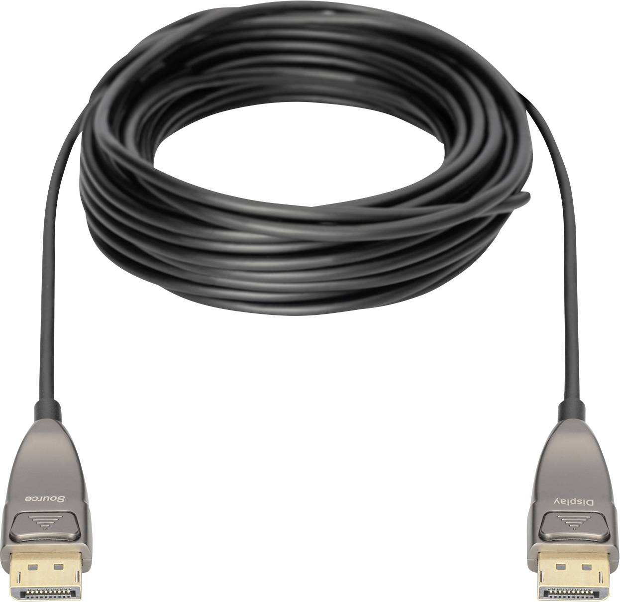 Dlouhý černý kabel se dvěma koncovkami, které jsou označeny jako "Source" a "Display".
