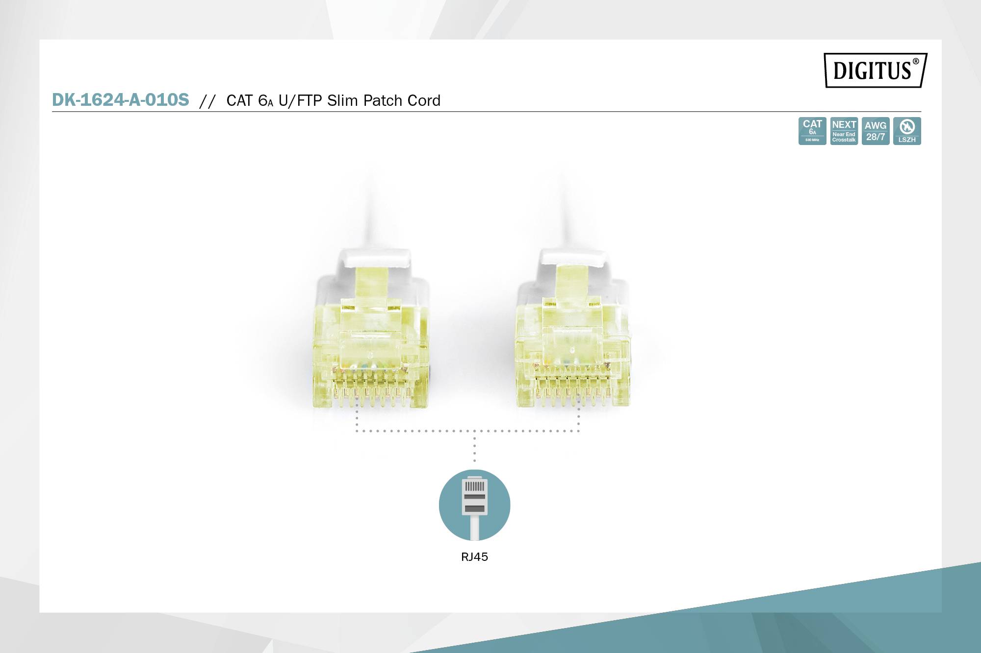 Dva konektory RJ45 zepředu, propojené tenkou patch kabeláží CAT 6a U/FTP, zobrazené na produktovém listu značky Digitus.