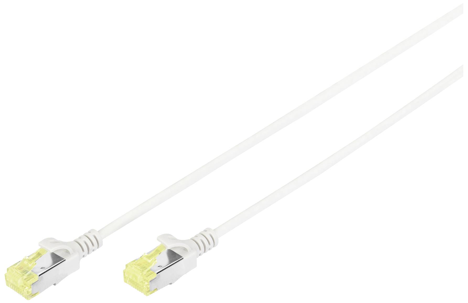 Obrázek zobrazuje bílý ethernetový kabel se dvěma konektory RJ45.