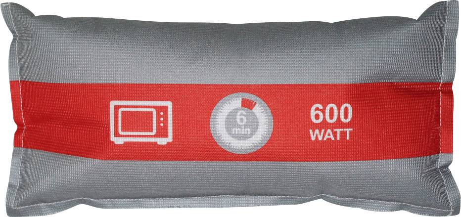 Šedý polštářek s červeným pruhem ukazuje symboly pro ohřev v mikrovlnné troubě po dobu 6 minut při 600 wattech.