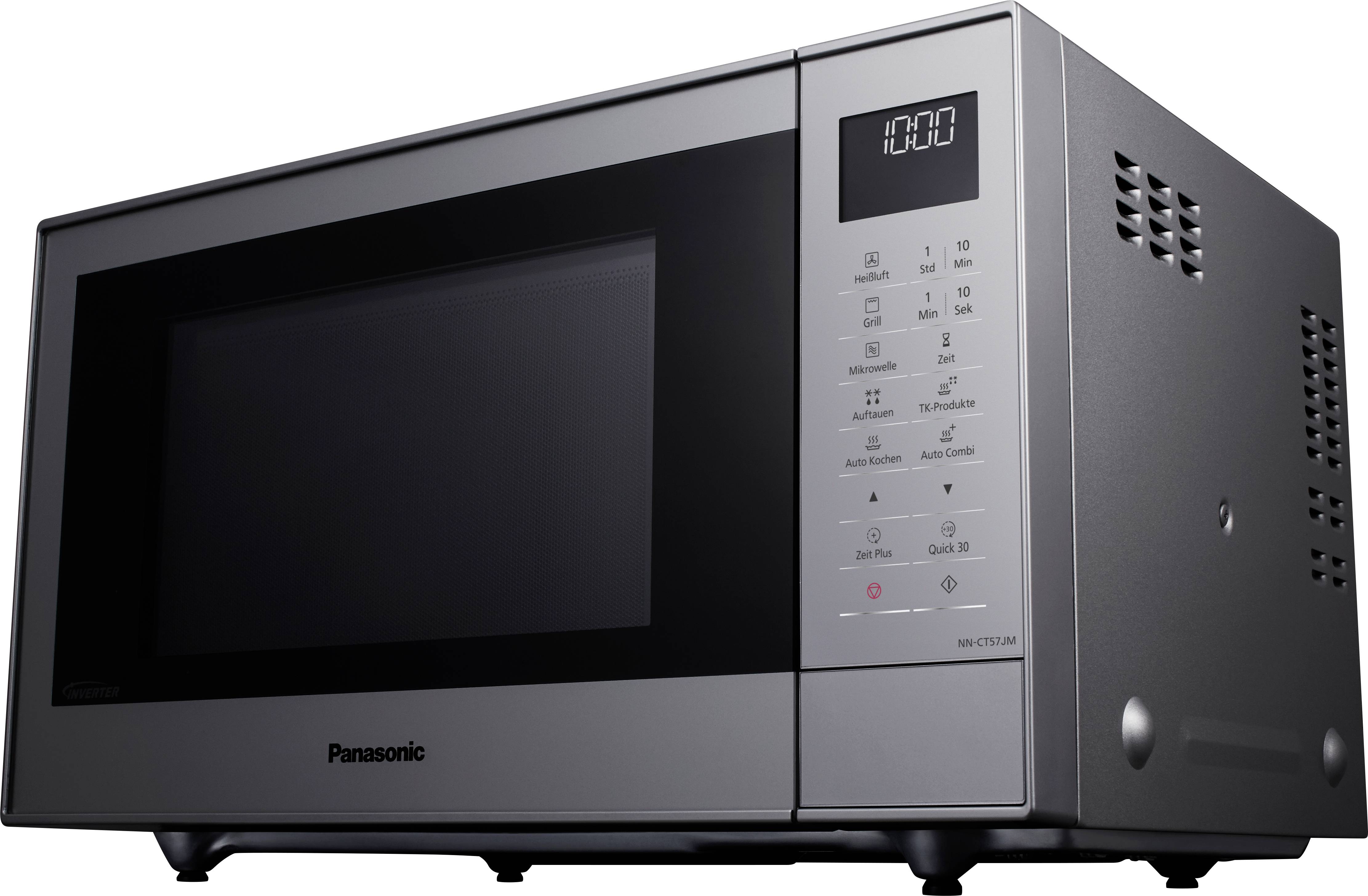 Stříbrná mikrovlnná trouba Panasonic s digitálním displejem a ovládacími tlačítky na pravé straně.
