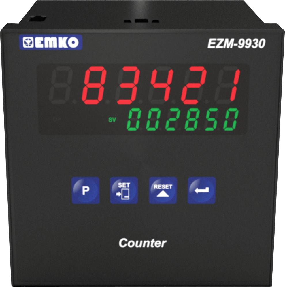 Digitální počítadlo od EMKO, model EZM-9930, zobrazuje hodnotu '83421' červeně a '002850' zeleně s ovládacími tlačítky pod nimi.