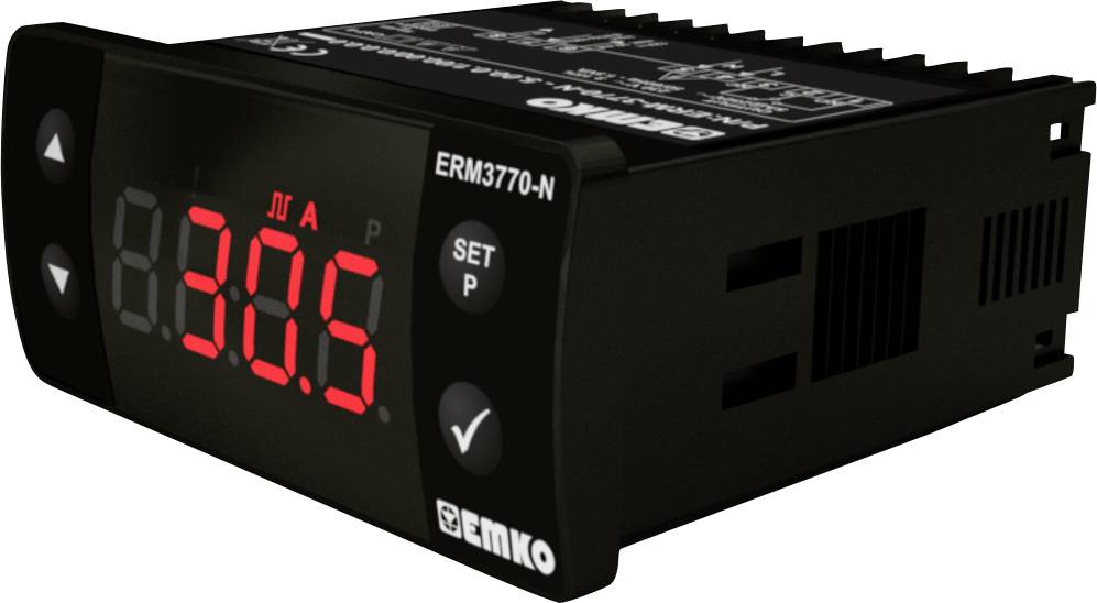 Digitální teplotní regulátor s LED displejem zobrazuje '30.5'. Ovládací tlačítka jsou umístěna napravo vedle displeje.