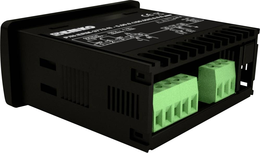Černé elektronické zařízení se zelenými připojovacími svorkami, pravděpodobně průmyslový konektor nebo reléový modul.