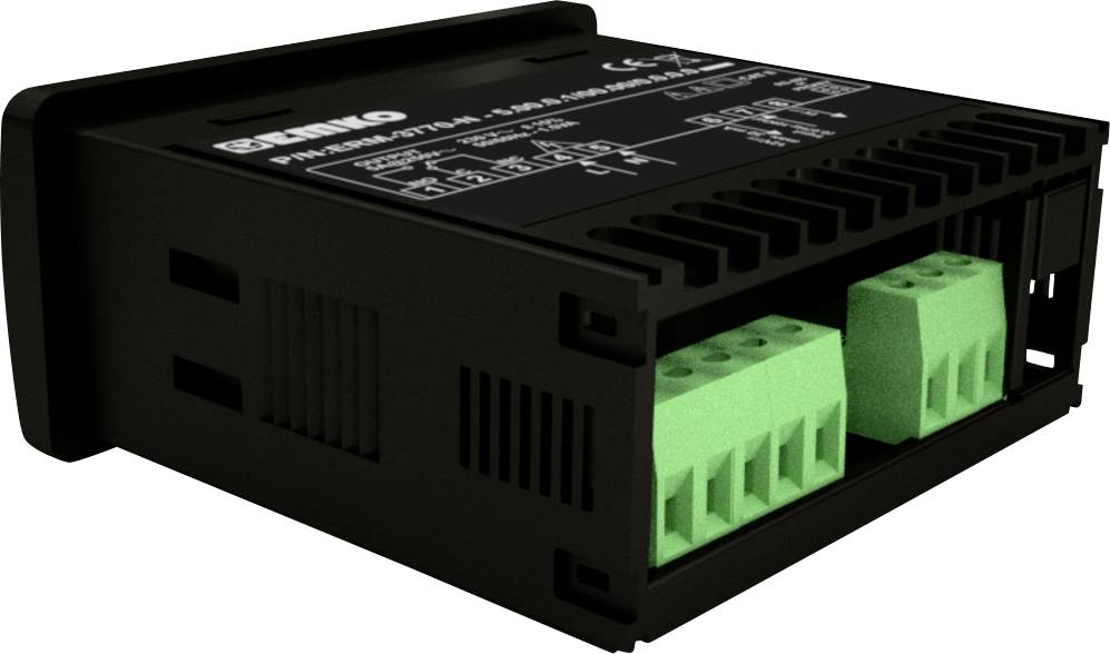 Černé, obdélníkové elektronické zařízení se zelenými konektory, pravděpodobně měřicí přístroj nebo regulátor, zobrazené v šikmém bočním pohledu.