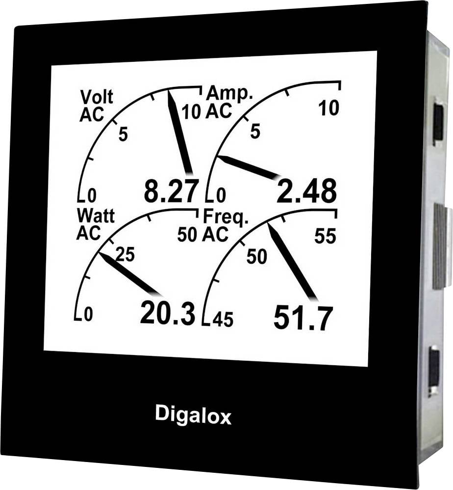 Digitální displej s hodnotami: Napětí 8,27 voltů AC, proud 2,48 ampérů, výkon 20,3 wattů AC, frekvence 51,7 hertzů.