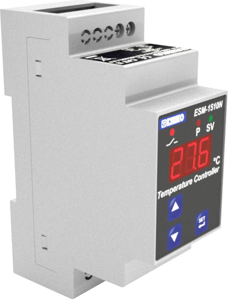 Teplotní regulátor s digitálním displejem zobrazuje aktuální teplotu 27,6°C. Jsou zde vyznačeny indikátory napájení (P) a nastavení (SV).