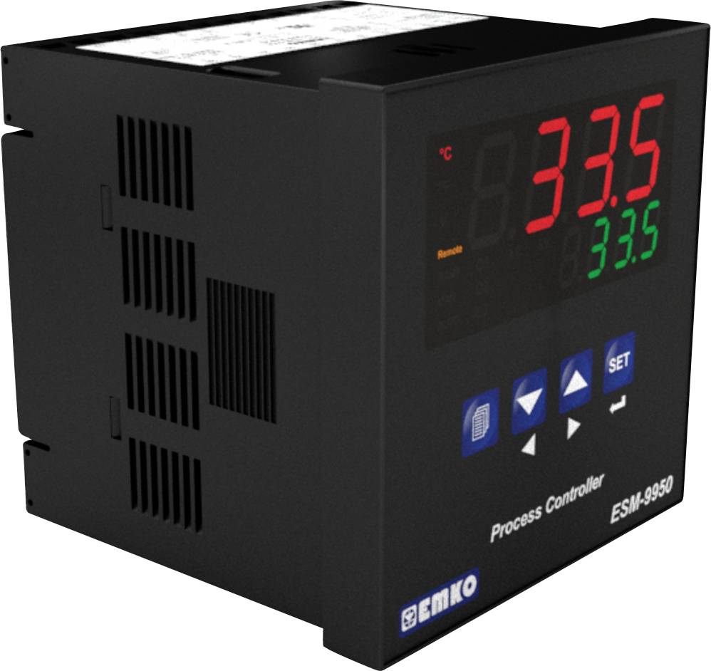 Černý elektronický procesní regulátor s červenou a zelenou LED indikací teploty, modrou ovládací klávesou a popiskem 'EMKO ESM-9950'.