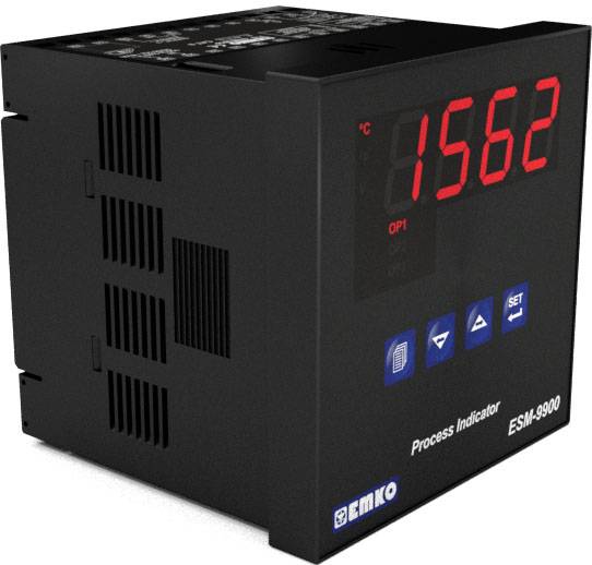 Digitální procesní indikátor ESM-9900 zobrazuje teplotu 1562°C. Obsahuje tlačítka pro nastavení a indikační LED diody.