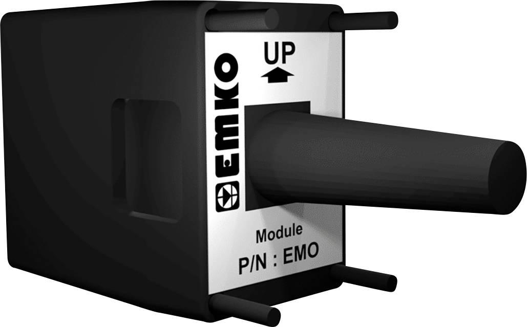 Černý pravoúhlý modul s válcovitým výstupkem, označený 'UP' a 'Číslo modulu: EMO'.