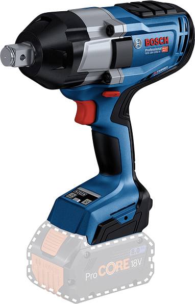Rázový utahovák Bosch Professional. Modro-černý s červeným tlačítkem a stříbrným nástavcem. Kompatibilní s akumulátory ProCORE 18V.