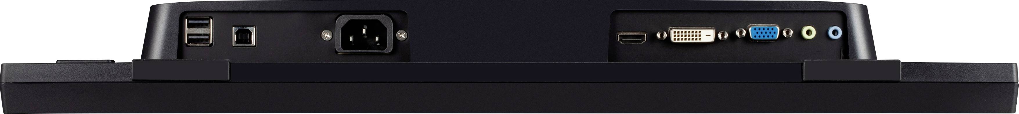 Zadní strana monitoru s různými porty, včetně HDMI, VGA, USB a Audio.