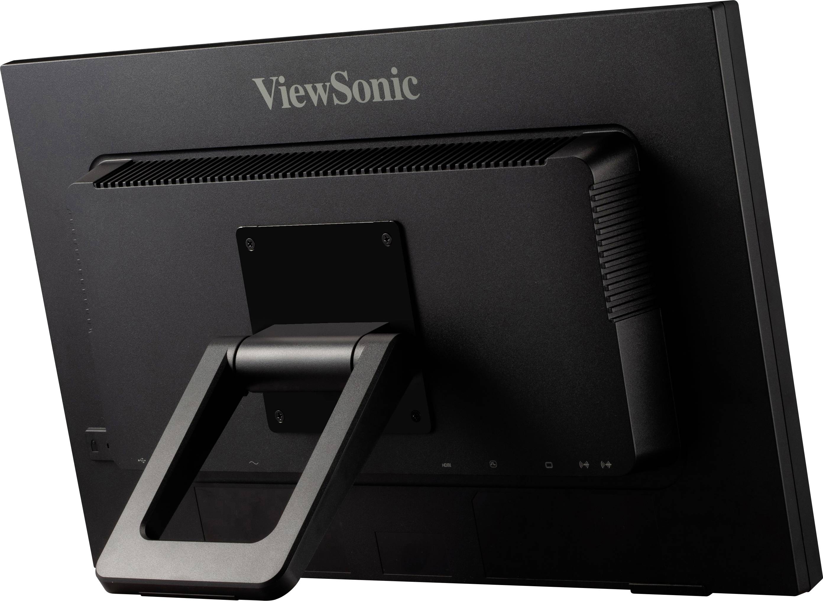 Pohled zezadu na černý monitor ViewSonic se stabilní podložkou.
