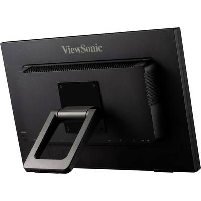 Pohled zezadu na černý monitor ViewSonic se stabilní podložkou.