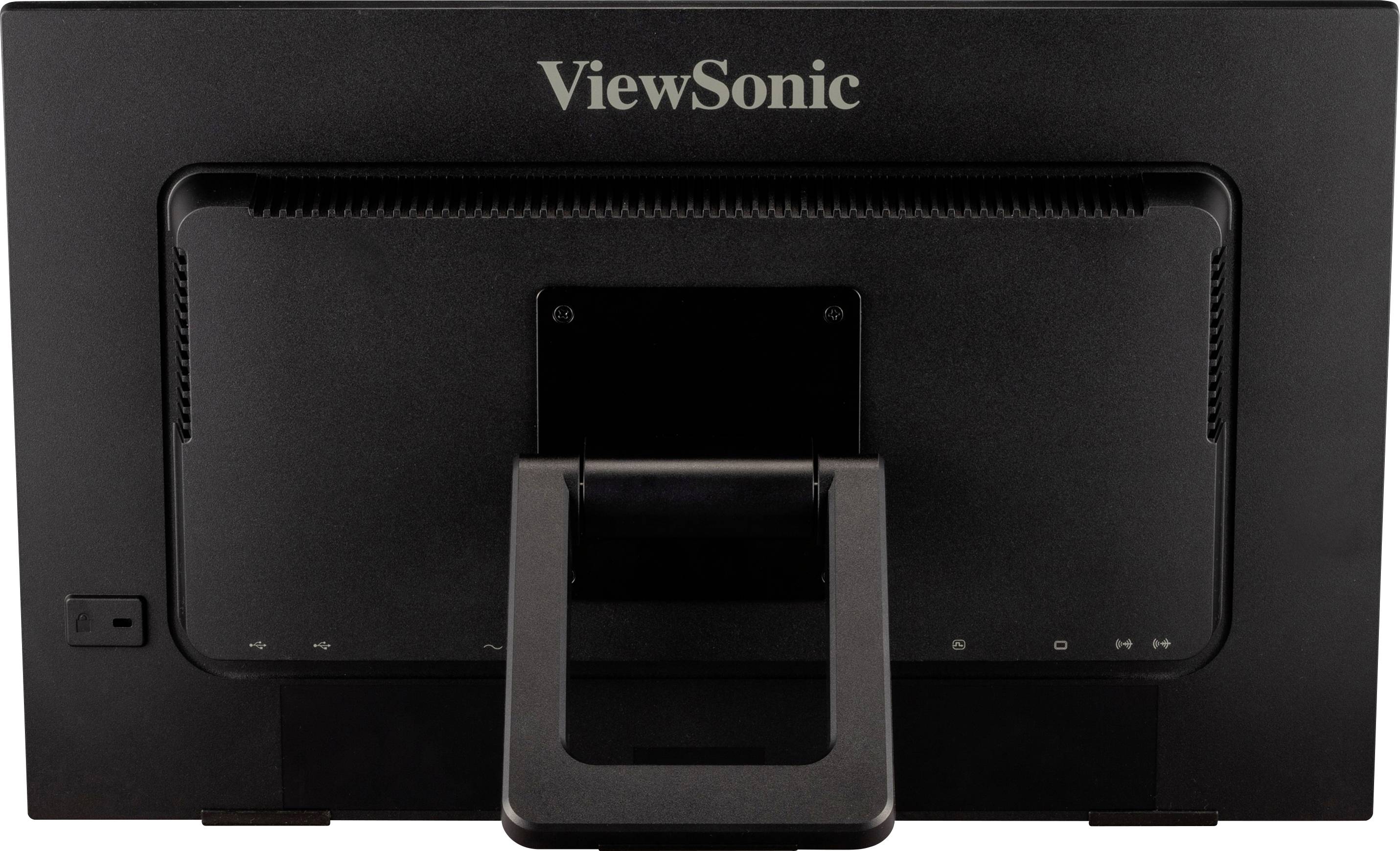 Zadní strana monitoru ViewSonic, černá skříň, s nastavitelným stojanem a větracími otvory.