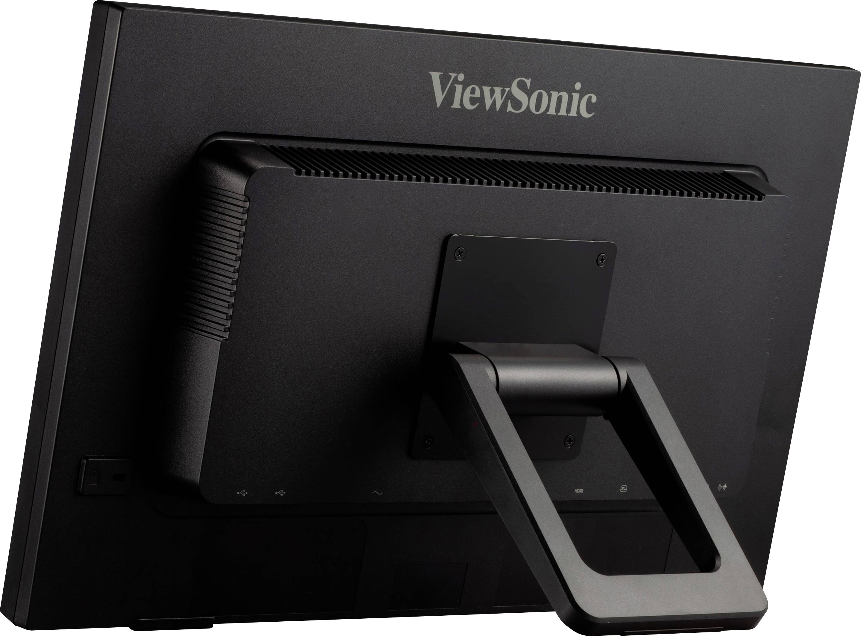 Černý monitor značky ViewSonic, pohled zezadu, ukazuje stabilní podstavec a jednoduché, matné provedení.