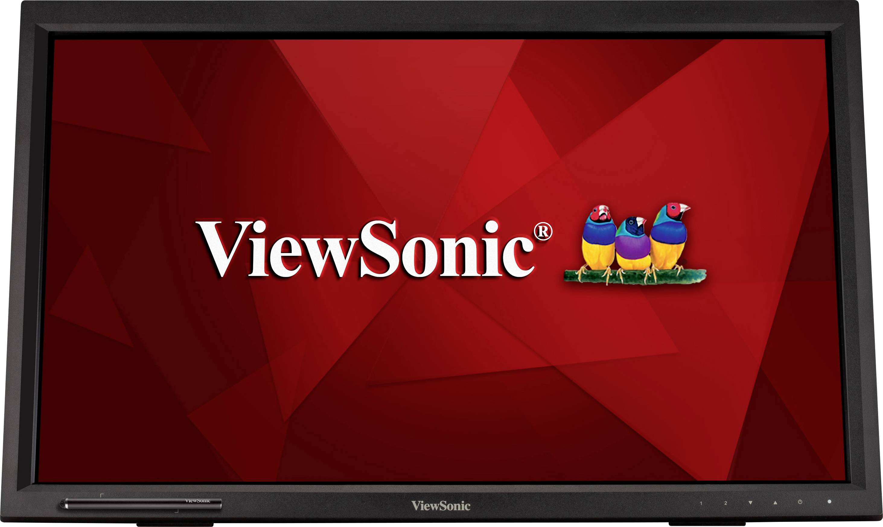 Počítačový monitor zobrazuje logo ViewSonic na červeném pozadí, doprovázené třemi barevnými ptáky vpravo vedle nápisu.