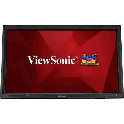Počítačový monitor zobrazuje logo ViewSonic na červeném pozadí, doprovázené třemi barevnými ptáky vpravo vedle nápisu.