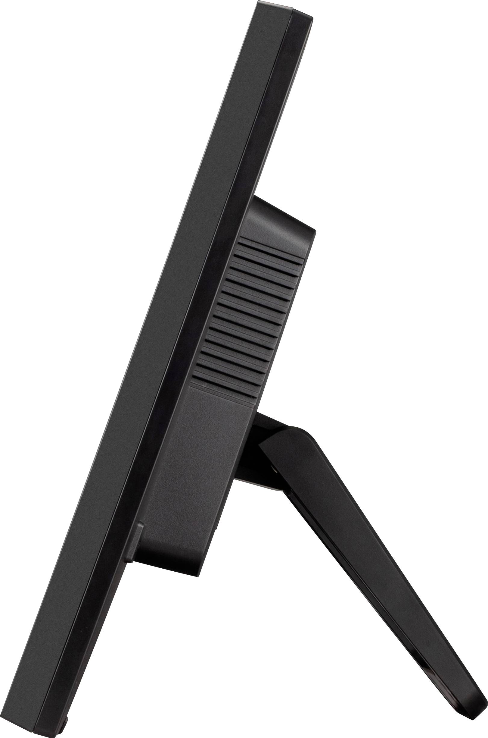 Štíhlý černý počítačový monitor se stojanem, pohled z boku.