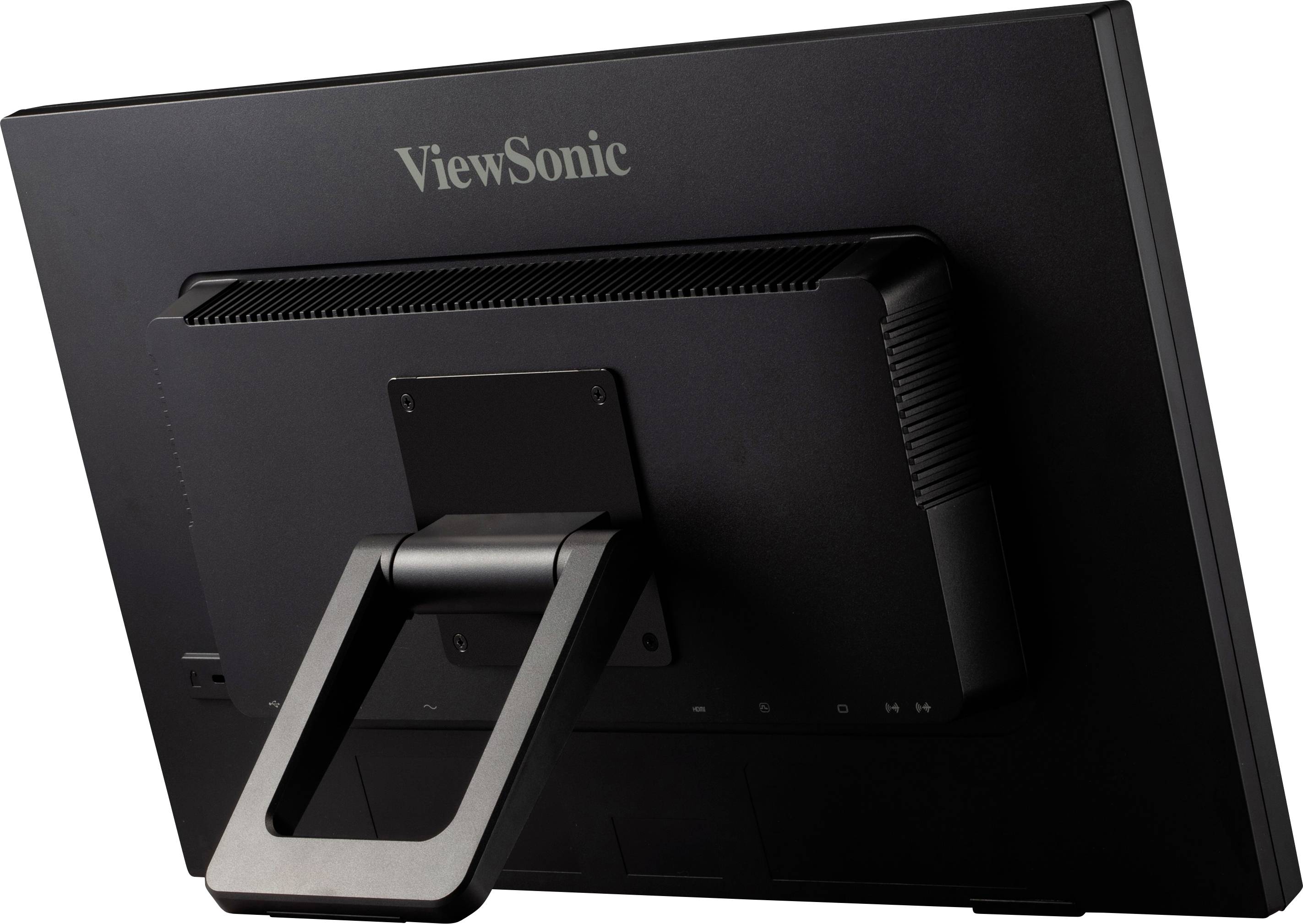 Pohled zezadu na černý monitor ViewSonic, který ukazuje stojan a větrací otvory v horní části zařízení.