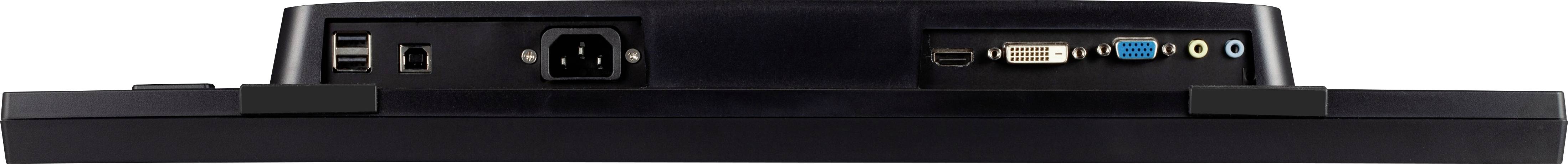 Zadní strana monitoru s různými konektory: napájení, USB, VGA, DVI, HDMI, audio konektory.