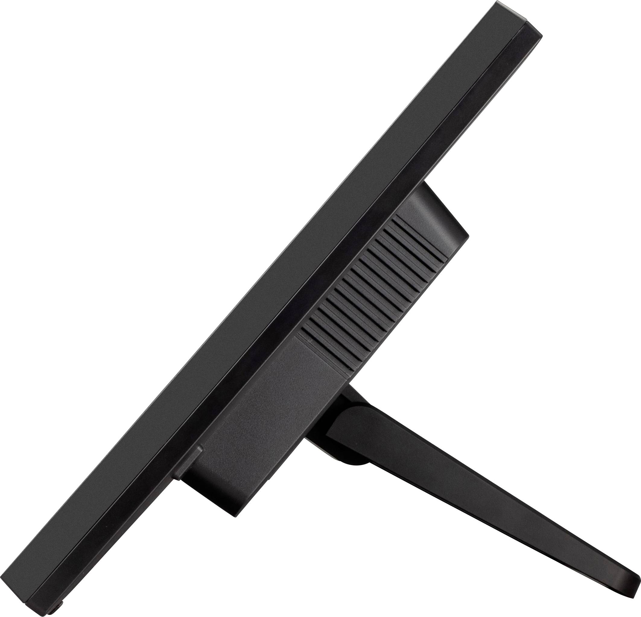 Monitor v profilu, lehce nakloněný dozadu. Černá barva, štíhlý design, ideální pro moderní pracoviště.