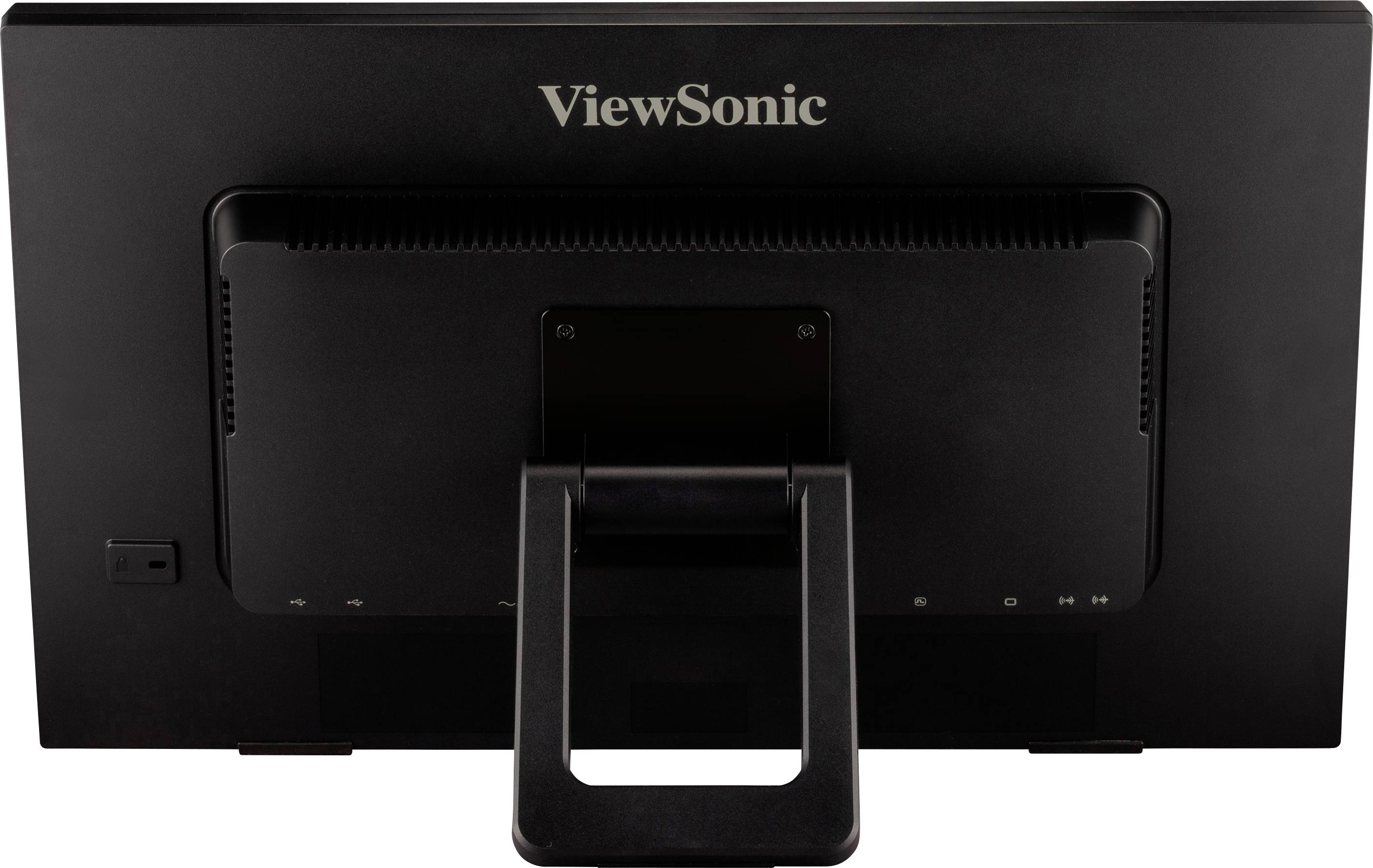 Pohled zezadu na černý počítačový monitor značky ViewSonic, rozpoznatelný podle loga nahoře. Monitor má stabilní podstavec.