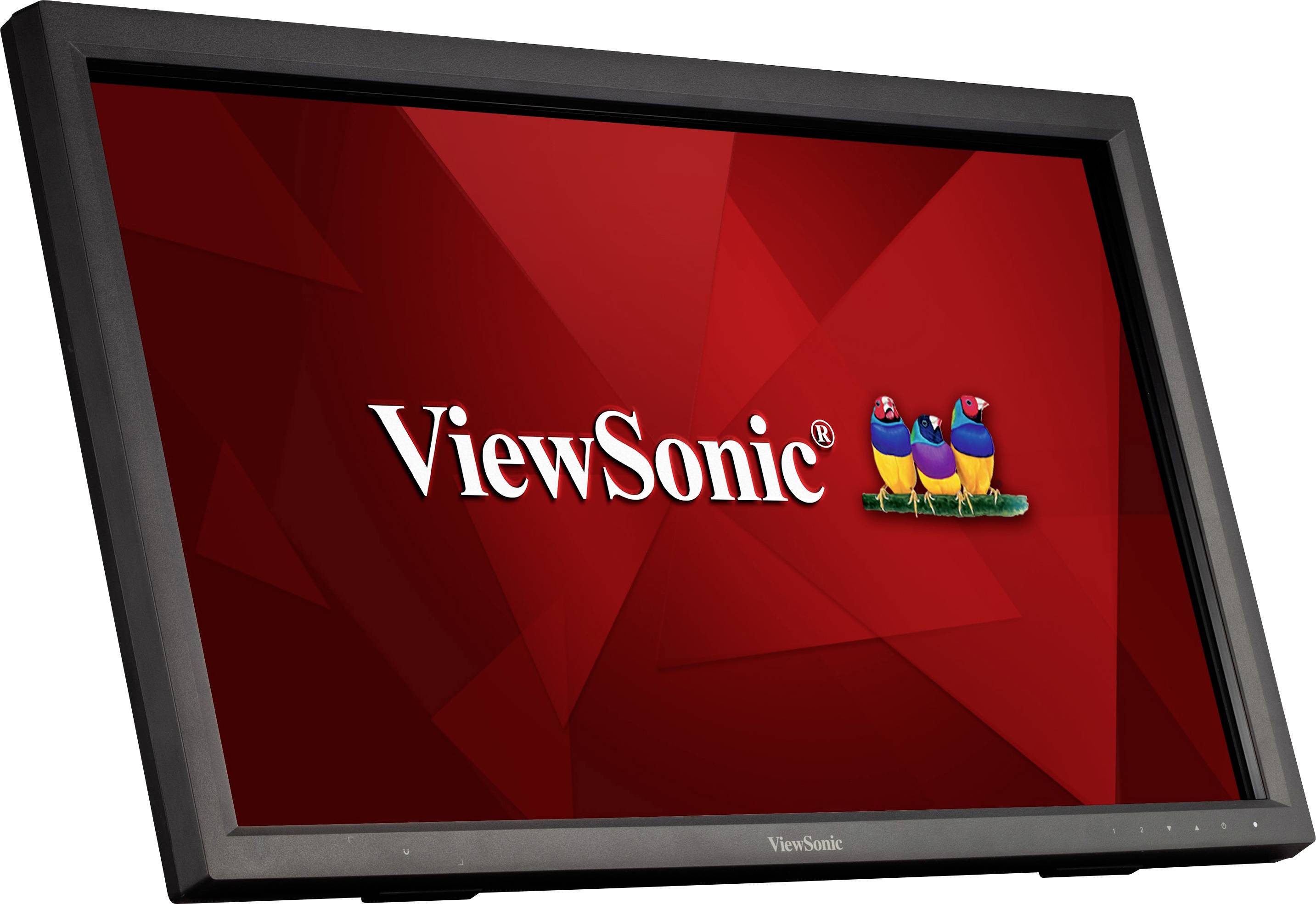 Černý monitor ViewSonic s červeným pozadím a logem ViewSonic s třemi barevnými ptáky.