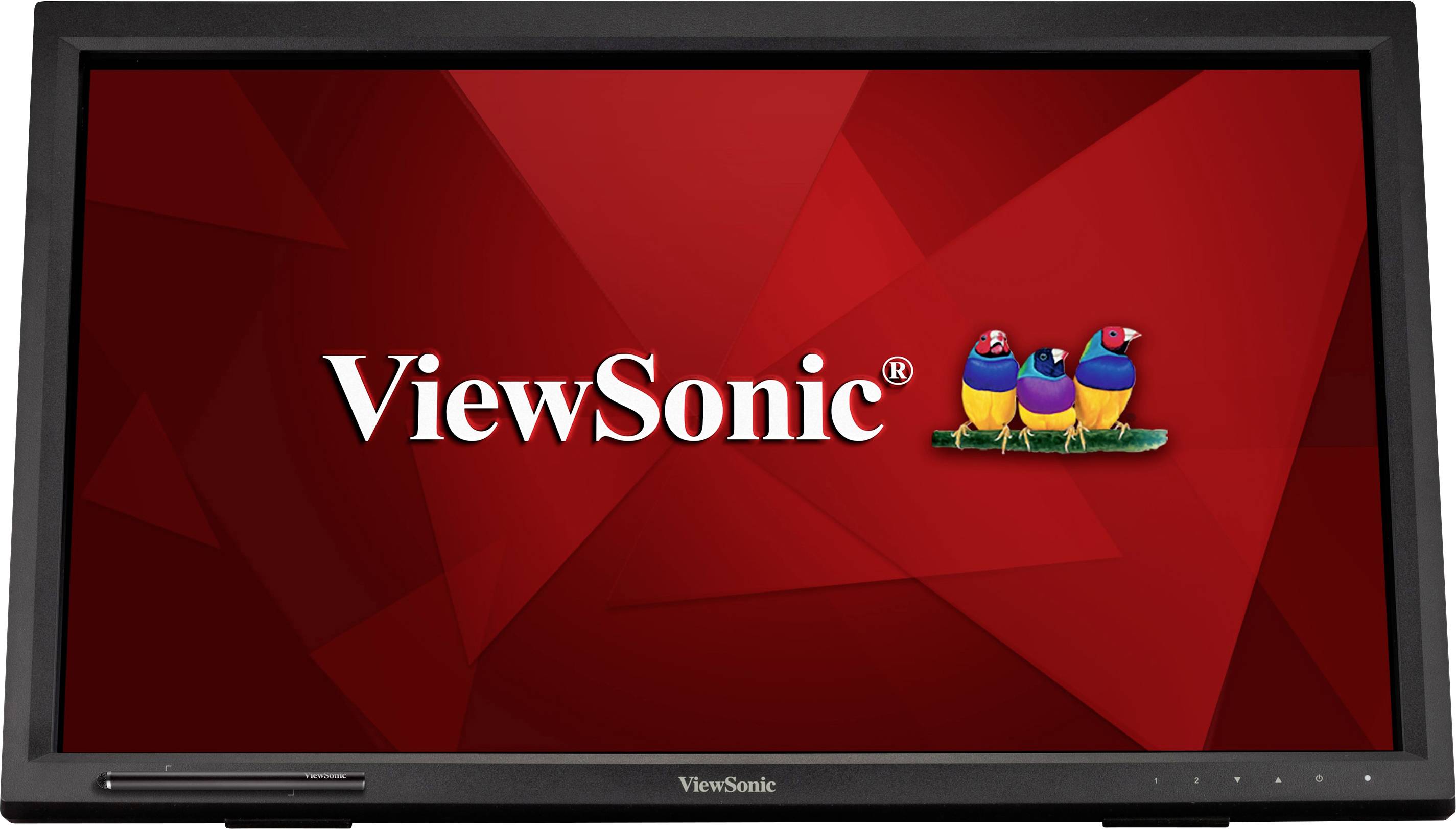Černý monitor s logem ViewSonic na červeném geometrickém pozadí. Na logu jsou vyobrazeni tři barevní ptáci.