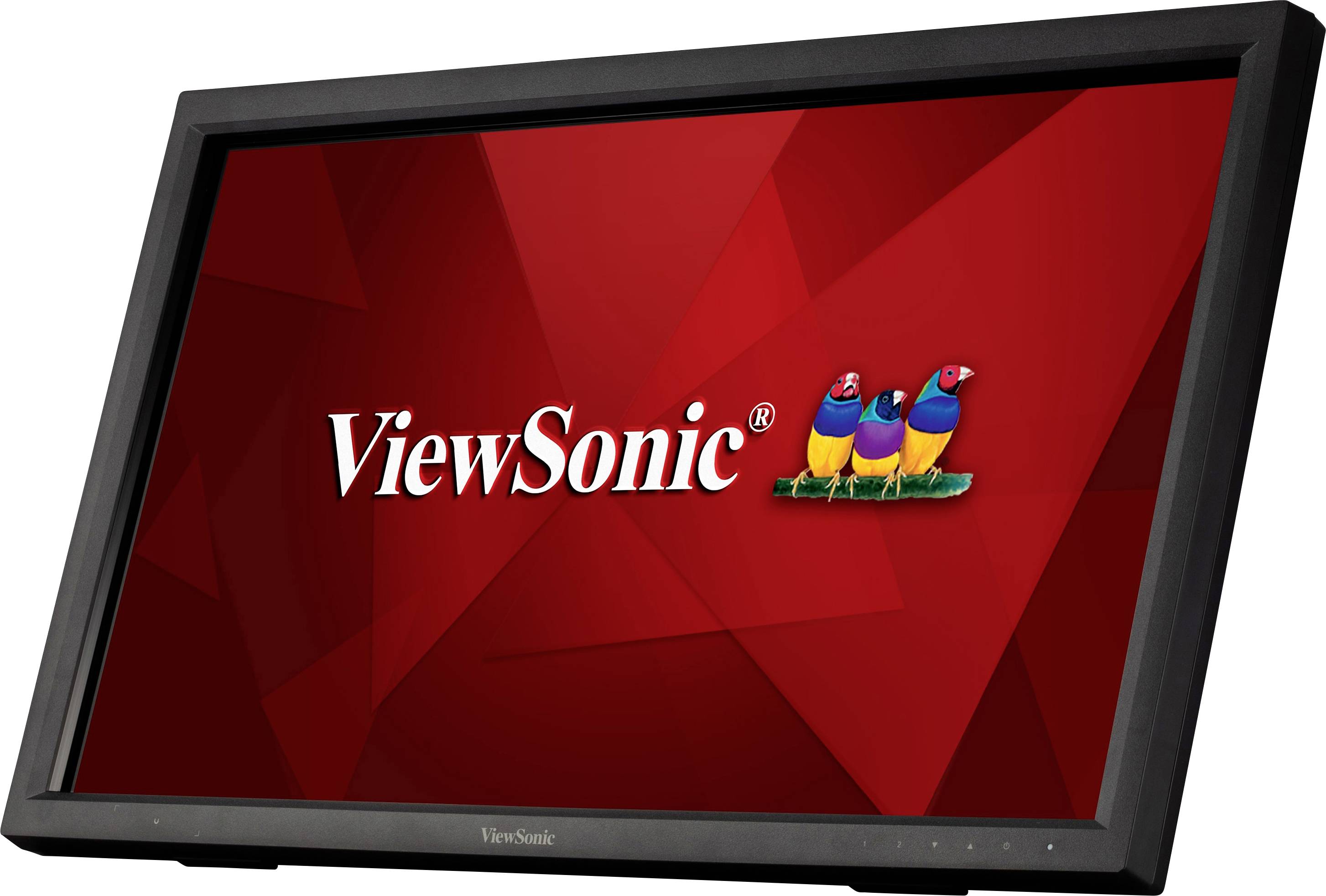 Monitor ViewSonic s červeným pozadím a logem: tři barevní ptáci vedle sebe.