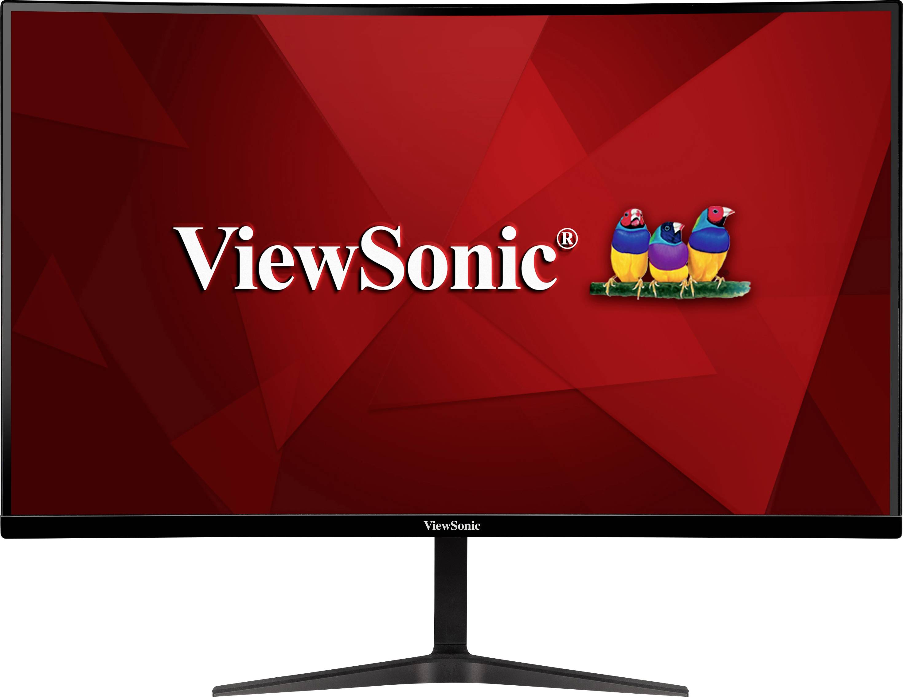 Monitor ViewSonic, červené pozadí s logem a třemi ptáky vpravo.
