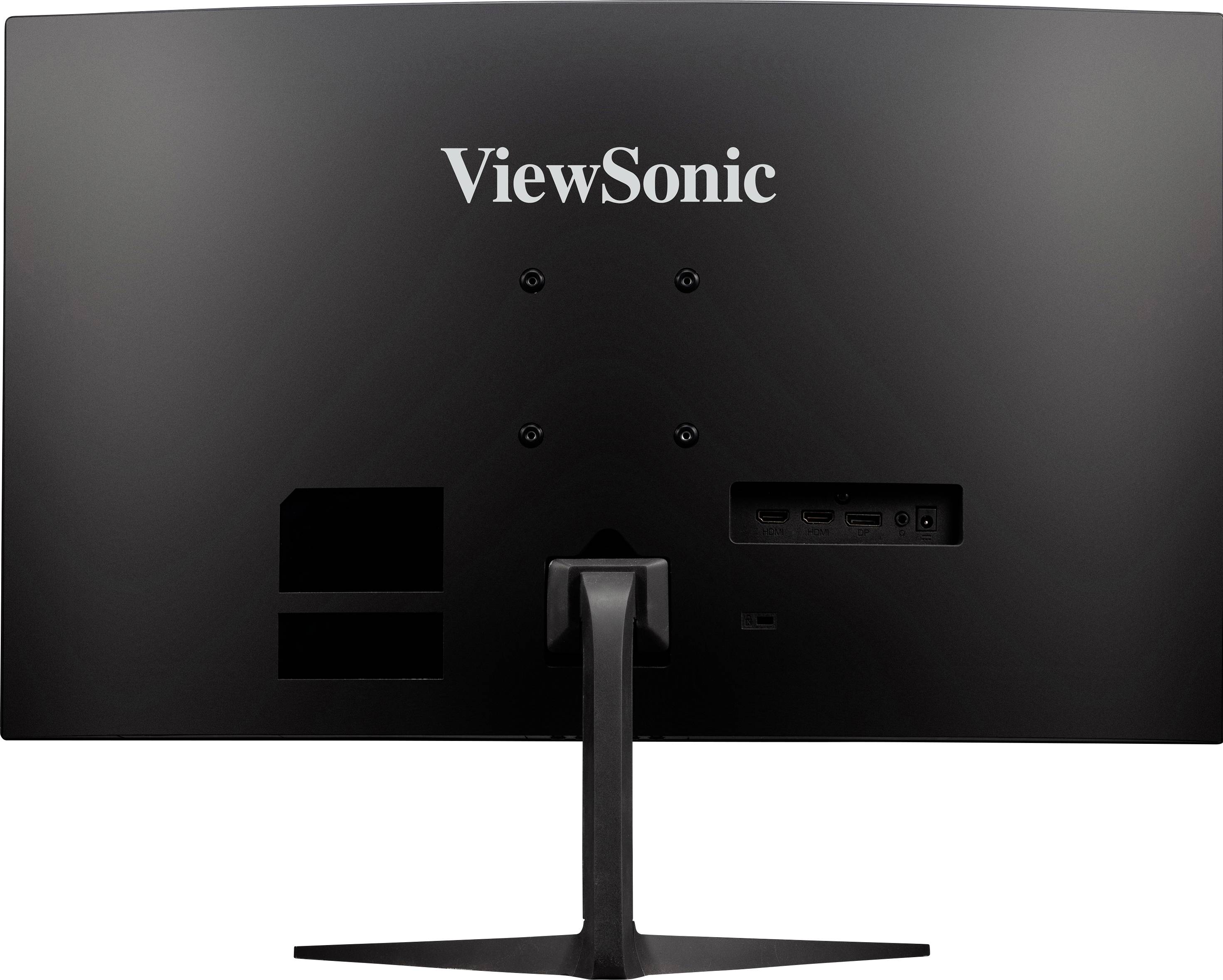 Zadní pohled na černý monitor ViewSonic se středovým stojanem. Několik připojovacích portů a montážních otvorů je viditelných.