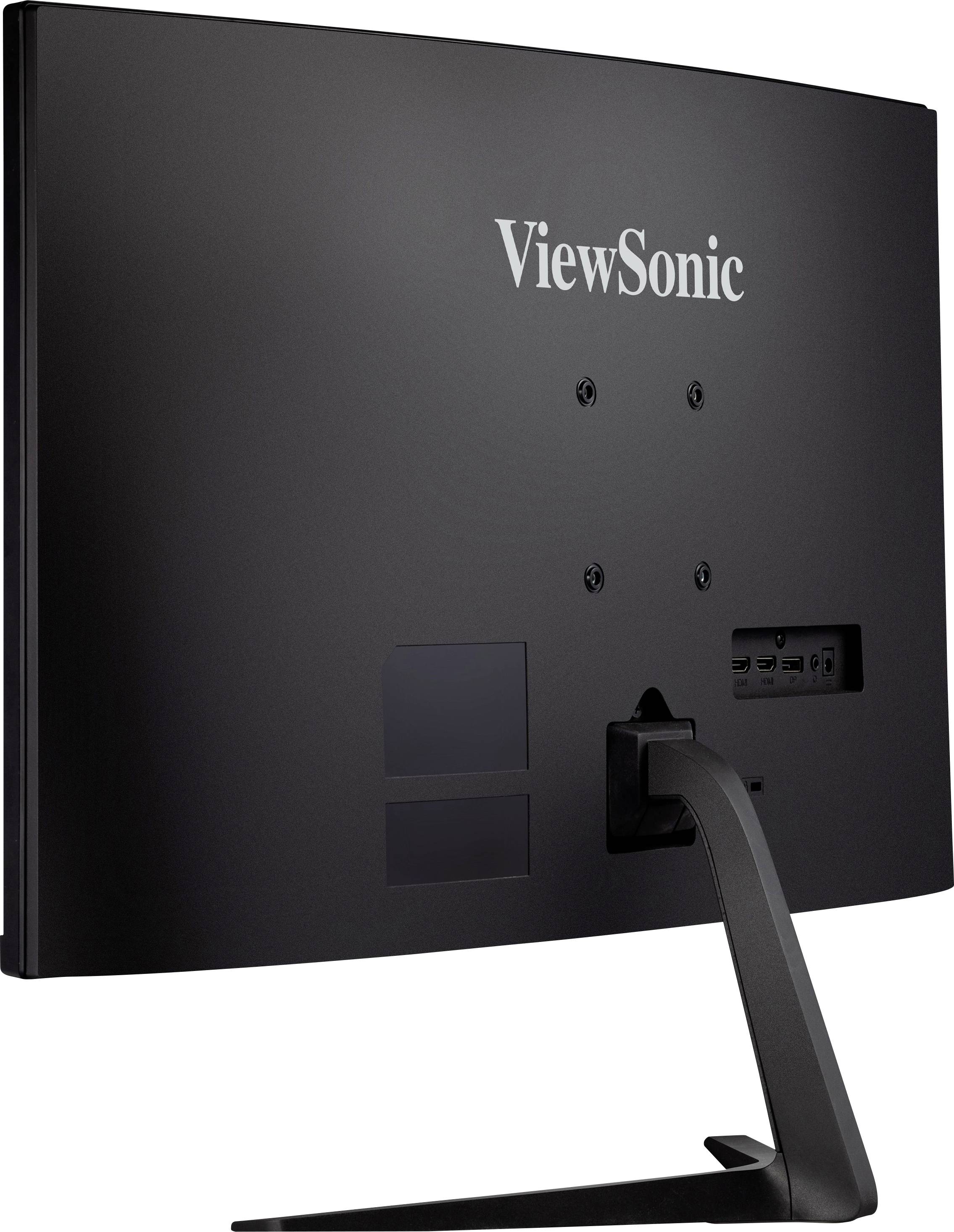 Zadní strana monitoru ViewSonic v černém designu se stojanem, úchyty na zadní straně a rozhraními pro připojení.